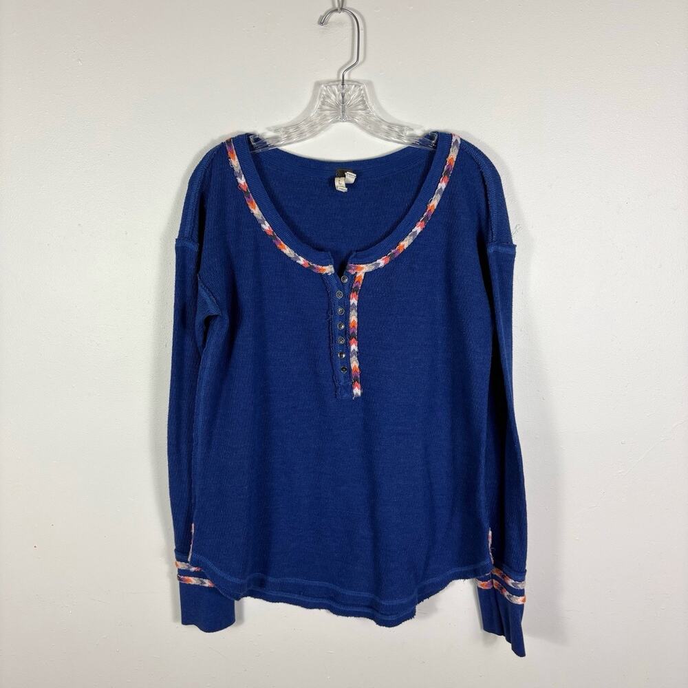 We The Free Blue Thermal Top Women’s Large Blue Henley Boho Casual Hippie